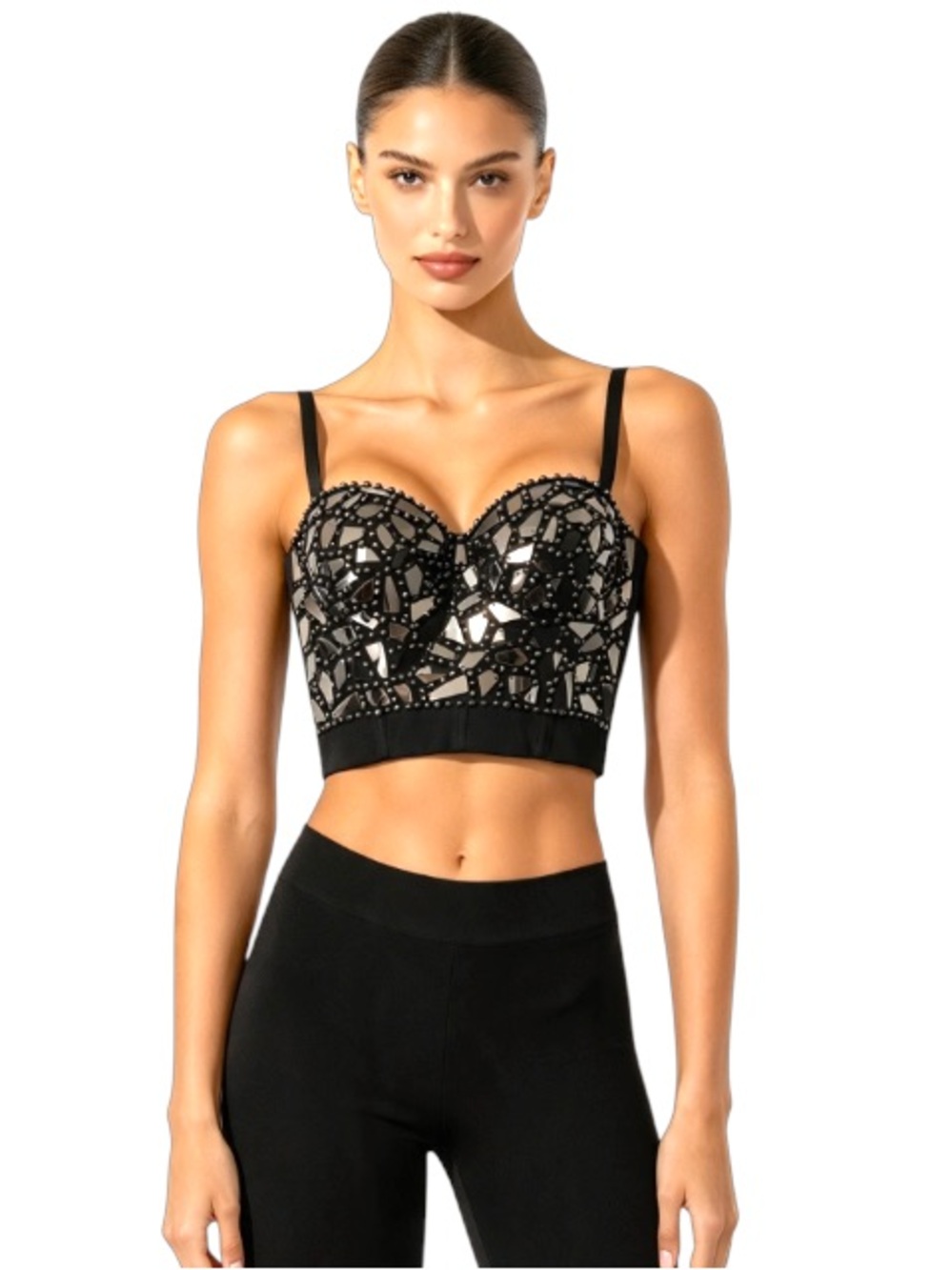 Mirrored Mosaic Rhinestone Studded Bustier Crop Top - Black S (Fits S-M)